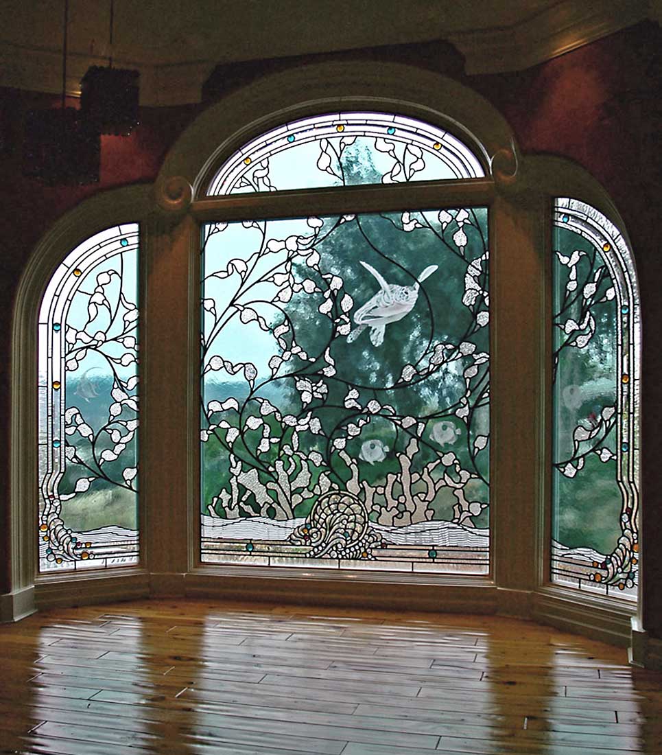 Large bay window with sea turtle