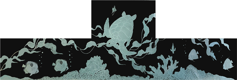 Etched Glass Backsplash with Sea Turtle and Kelp Design