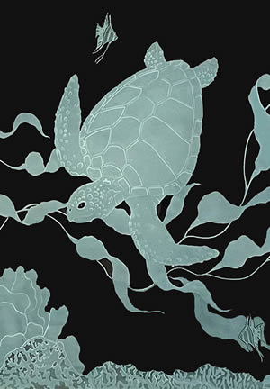 Etched Glass Backsplash with Sea Turtle and Kelp Design