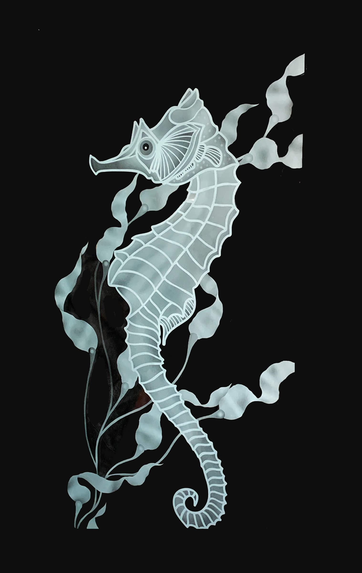 Etched Glass Seahorse Themed Shower Door Panel