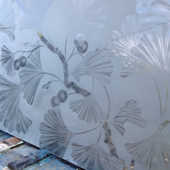 Large “gingko panel” for privacy wall in custom home. Actual size is 50” x 86”. The etched divider panel adds a flair to the rooms it separates.