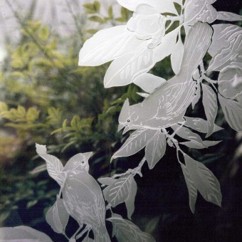 Chatting Cardinals Etched into a Glass Window