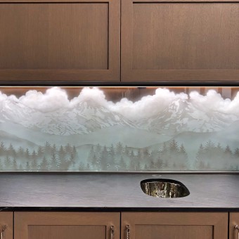 A breathtaking Three Sisters Peaks etched glass masterpiece